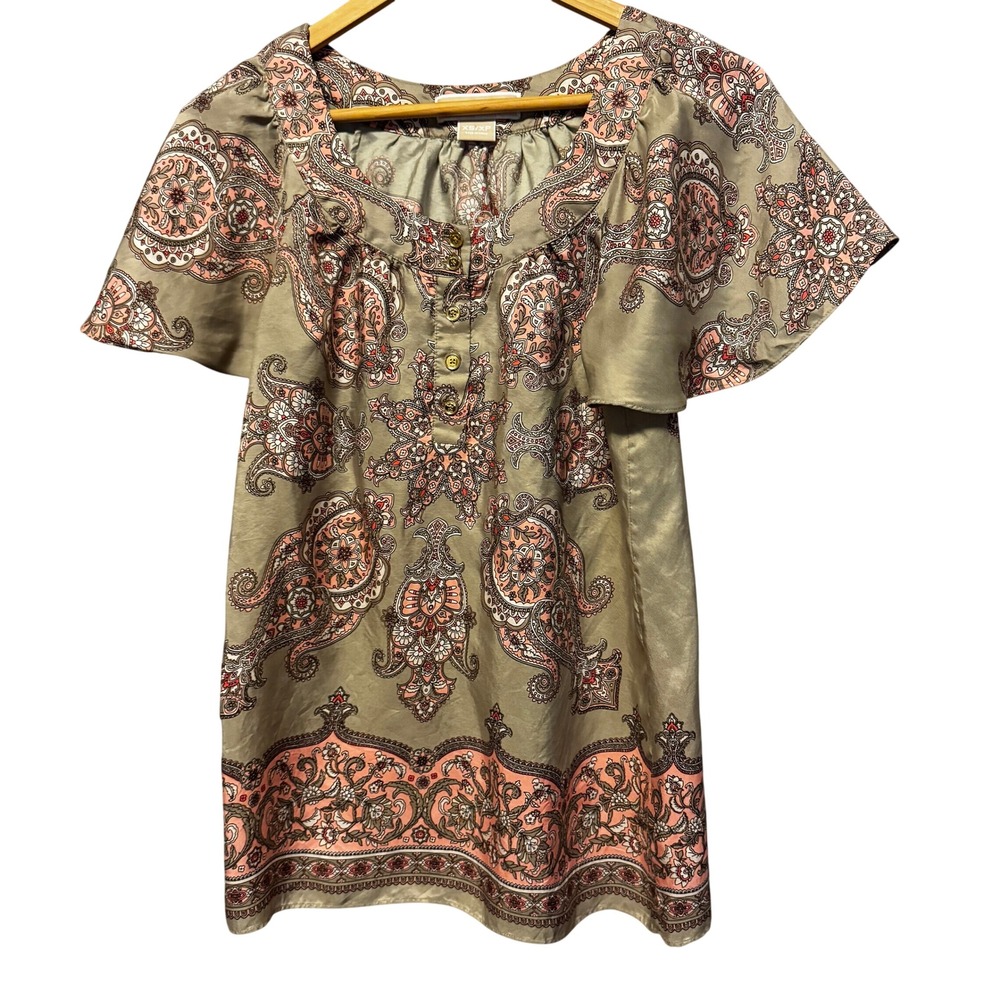 Michael Michael Kors 100% Silk Paisley Print Flutter Sleeve Blouse Olive Pink XS